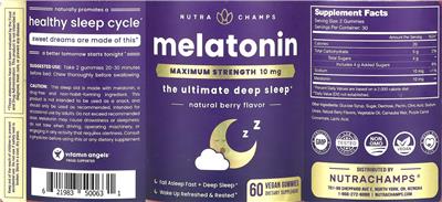 NutraChamps Melatonin Maximum Strength 10 mg Natural Berry Flavor source label used in the packaging illustration