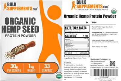 BulkSupplements.com Organic Hemp Seed Protein Powder 30 g source label used in the packaging illustration