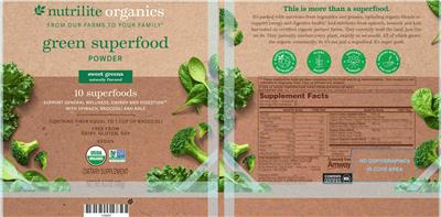 Nutrilite Organics Green Superfood Powder Sweet Greens source label used in the packaging illustration