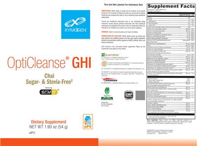 XYMOGEN OptiCleanse GHI Sugar-& Stevia-Free Chai source label used in the packaging illustration