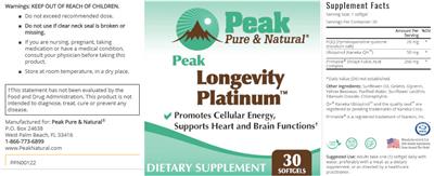 Peak Pure & Natural Peak Longevity Platinum source label used in the packaging illustration