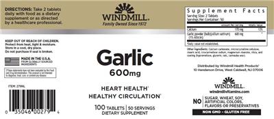 Windmill Garlic 600 mg source label used in the packaging illustration