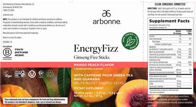 Arbonne EnergyFizz Mango Peach Flavor source label used in the packaging illustration