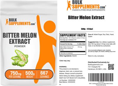 BulkSupplements.com Bitter Melon Extract Powder 750 mg source label used in the packaging illustration