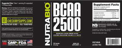 NutraBio BCAA 2500 source label used in the packaging illustration