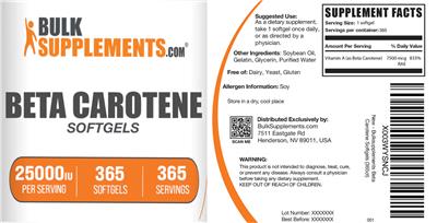 BulkSupplements.com Beta Carotene Softgels 25000 IU source label used in the packaging illustration