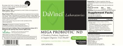 DaVinci Laboratories Mega Probiotic ND source label used in the packaging illustration