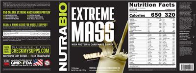 NutraBio Extreme Mass Vanilla source label used in the packaging illustration