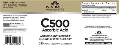 Windmill C 500 Ascorbic Acid source label used in the packaging illustration