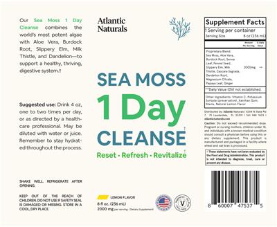 Atlantic Naturals Sea Moss 1 Day Cleanse Lemon Flavor source label used in the packaging illustration