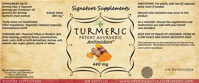 Signature Supplements Turmeric 440 mg source label used in the packaging illustration