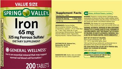 Spring Valley Iron 65 mg source label used in the packaging illustration