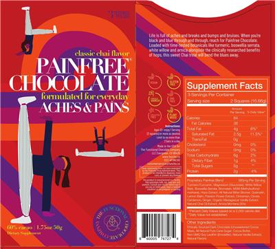 The Functional Chocolate Company Painfree Chocolate Classic Chai Flavor source label used in the packaging illustration