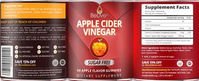 BeLive Apple Cider Vinegar Sugar Free Apple Flavor Gummies source label used in the packaging illustration