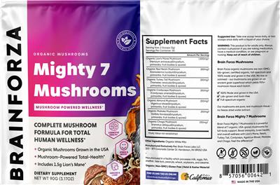 Brain Forza Mighty 7 Mushrooms source label used in the packaging illustration