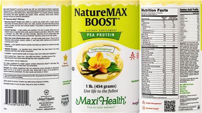 Maxi Health NatureMAX BOOST Pea Protein Natural Vanilla Flavor source label used in the packaging illustration