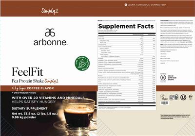 Arbonne FeelFit Pea Protein Shake Simply1 Coffee Flavor source label used in the packaging illustration