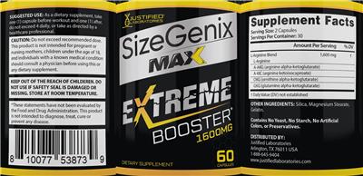 Justified Laboratories SizeGenix Max Extreme Booster source label used in the packaging illustration