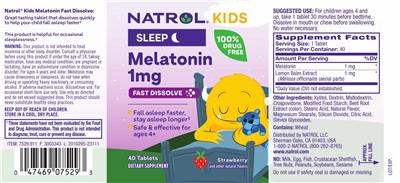 Natrol Kids Melatonin 1 mg Fast Dissolve Strawberry source label used in the packaging illustration