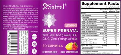 Safrel Super Prenatal Lemon & Raspberry Flavor source label used in the packaging illustration