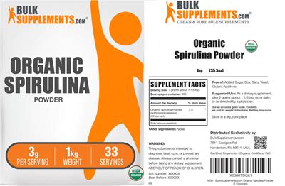 BulkSupplements.com Organic Spirulina Powder 3 g product packaging