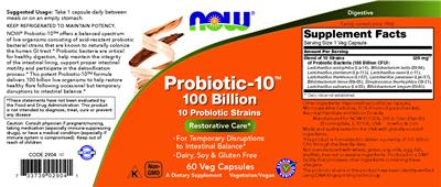 NOW Probiotic-10 100 Billion source label used in the packaging illustration