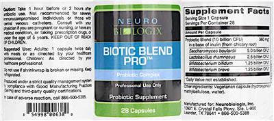 Neurobiologix Biotic Blend PRO source label used in the packaging illustration
