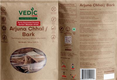 Vedic Herbs Ajuna Chhal / Bark source label used in the packaging illustration
