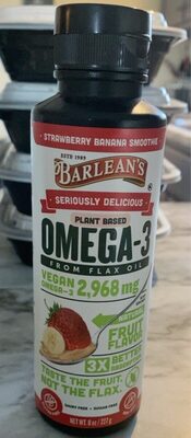 Barlean's Seriously Delicious Plant Based Omega-3 Strawberry Banana Smoothie source label used in the packaging illustration