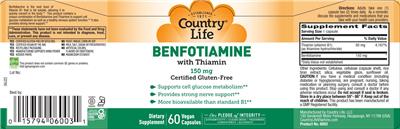 Country Life Benfotiamine 150 mg with Thiamin source label used in the packaging illustration