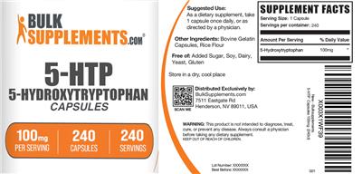 BulkSupplements.com 5-HTP Capsules 100 mg source label used in the packaging illustration