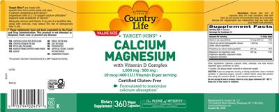 Country Life Target-Mins Calcium Magnesium with Vitamin D Complex source label used in the packaging illustration