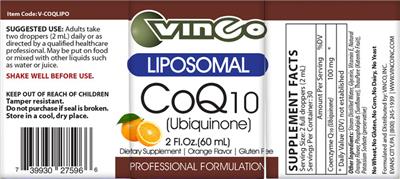 Vinco Liposomal CoQ10 Orange Flavor source label used in the packaging illustration