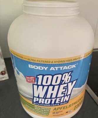 Body Attack Sports Nutrition 100% Whey Protein Apfelstrudel source label used in the packaging illustration