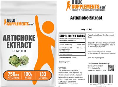 BulkSupplements.com Artichoke Extract Powder 750 mg source label used in the packaging illustration
