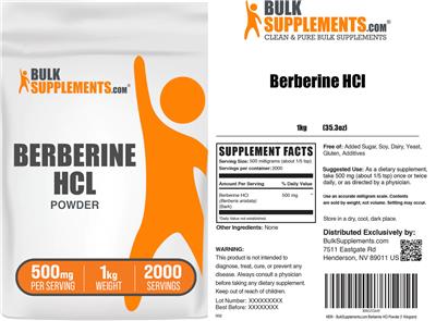 BulkSupplements.com Berberine HCl Powder 500 mg source label used in the packaging illustration