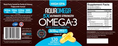 AquaOmega High EPA Omega-3 3450 mg source label used in the packaging illustration