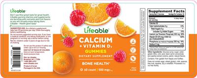 Lifeable Calcium + Vitamin D3 Gummies 500 mg Fruit Flavor source label used in the packaging illustration