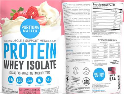 Portions Master Protein Whey Isolate Strawberries & Cream product packaging