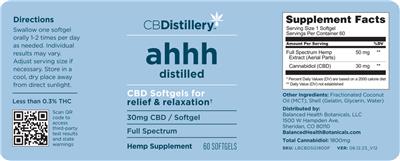 CBDistillery ahhh distilled CBD Softgels 30 mg Full Spectrum source label used in the packaging illustration