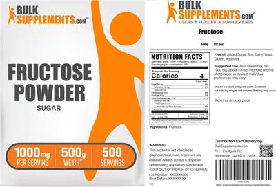 BulkSupplements.com Fructose Powder 1000 mg source label used in the packaging illustration