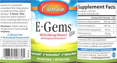 Carlson E-Gems Elite 400 IU (268 mg) source label used in the packaging illustration