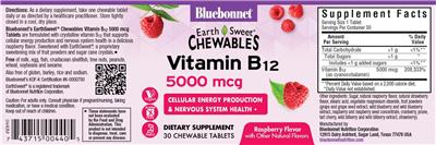Bluebonnet EarthSweet Chewables Vitamin B12 5000 mcg Raspberry Flavor source label used in the packaging illustration