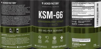 Jacked Factory Essential Series KSM-66 600 mg source label used in the packaging illustration