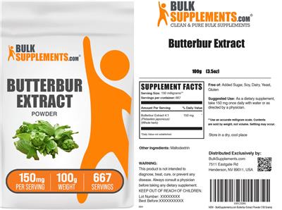 BulkSupplements.com Butterbur Extract Powder 150 mg source label used in the packaging illustration