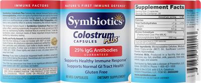 Symbiotics Colostrum Plus Capsules source label used in the packaging illustration