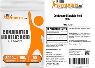 BulkSupplements.com Conjugated Linoleic Acid CLA Powder 2000 mg source label used in the packaging illustration