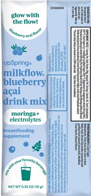 UpSpring MilkFlow Blueberry Acai Flavor source label used in the packaging illustration