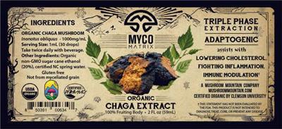 Mycomatrix Organic Chaga Extract source label used in the packaging illustration