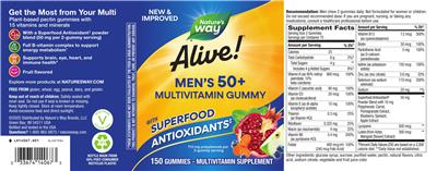 Nature's Way Alive! Men's 50+ Multivitamin Gummy source label used in the packaging illustration